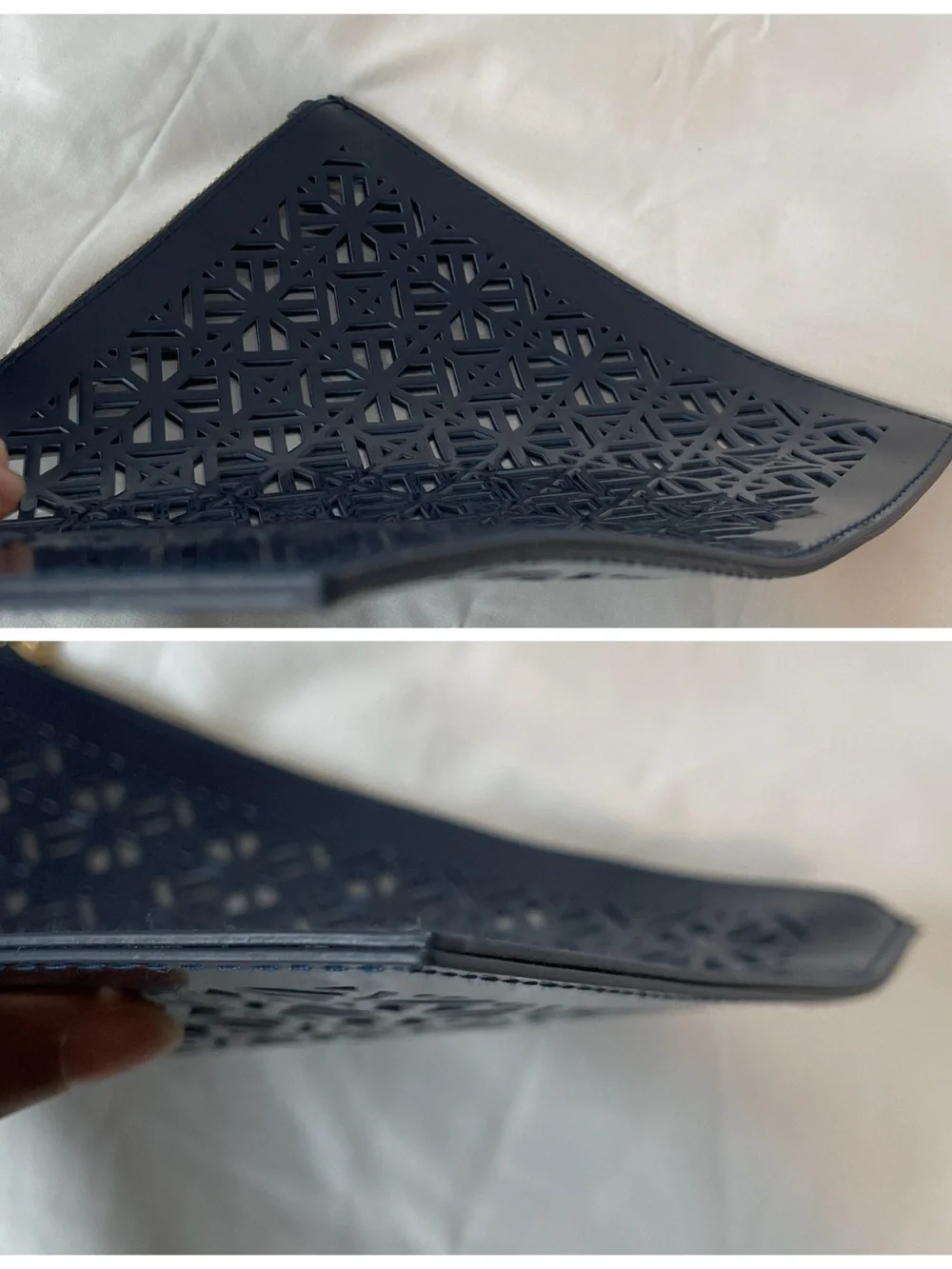 Tory Burch Navy Patent Geometric Cutout Zip Wristlet Clutch w/ Gold Hardware